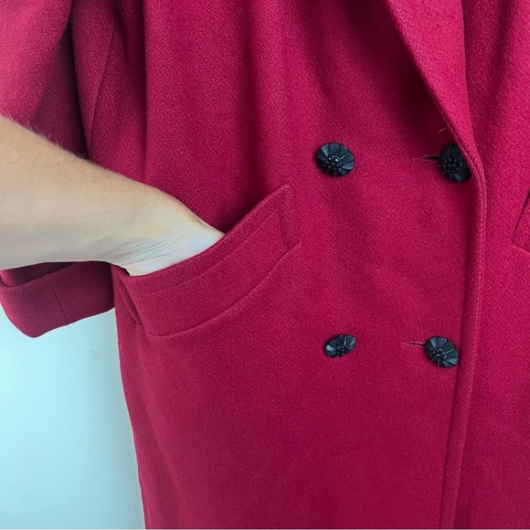 Vintage Jofeld Long Wool Coat Velvet Collar Pockets Red Black Large Old Money - Picture 6 of 16